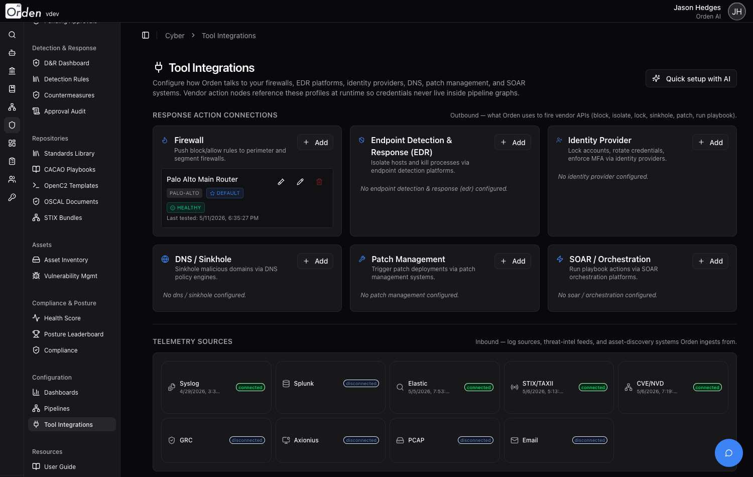 Integrations bound by capability — EDR, Firewall, IdP, DNS, Patch, SOAR