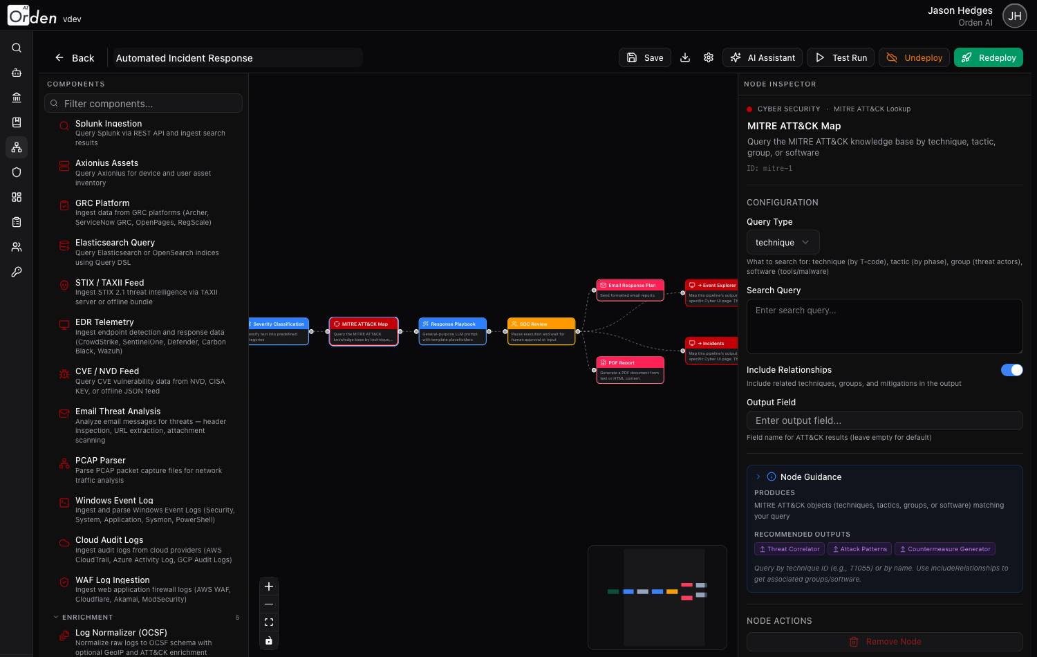 Operator-authored detection and countermeasure pipeline