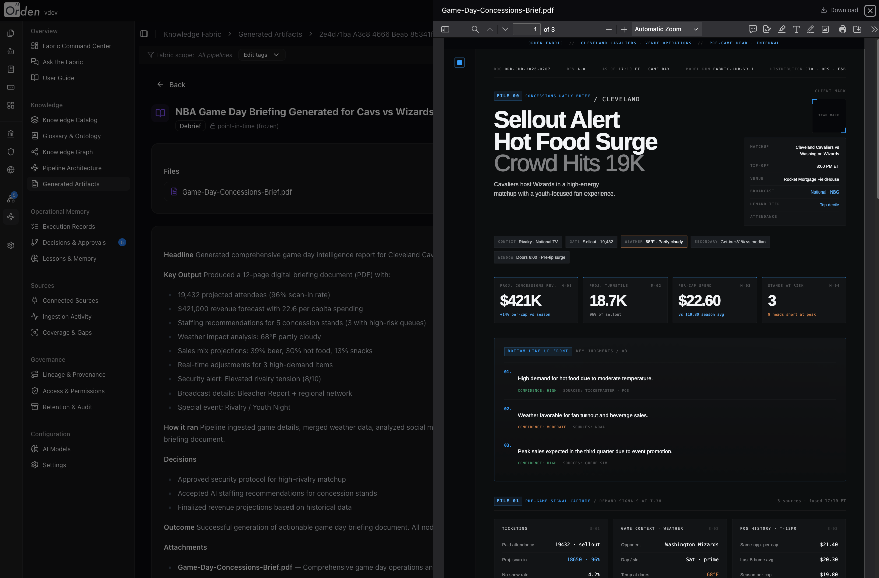 A generated debrief with headline, decisions, and outcome, and its PDF artifact open for inline preview