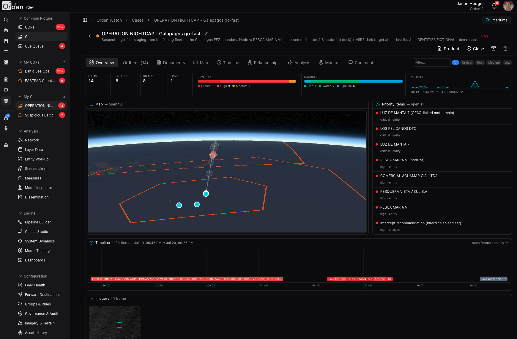 Case Overview: items, entities, severity, priority items, timeline, and imagery in one tabbed view
