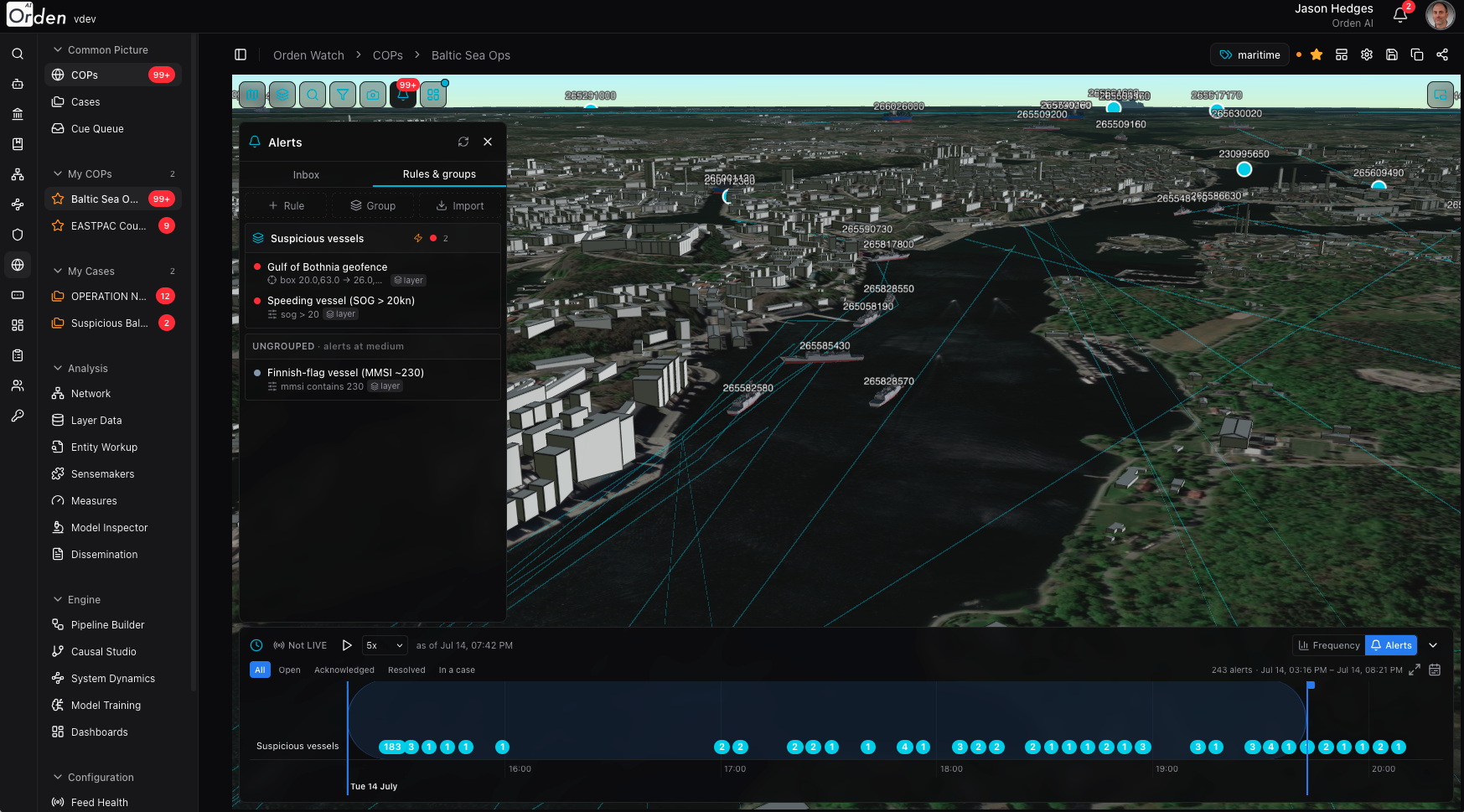 3D common operating picture with live AIS vessel tracking and the Alerts panel open